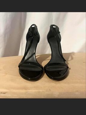 Stuart Weitzman Black Patent T-Strap High Heel Sandals